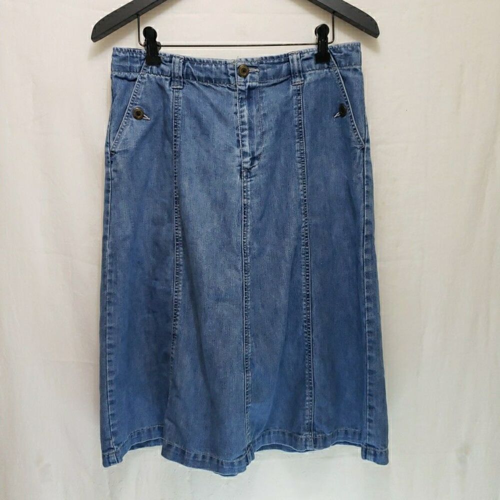 White Stag Denim Midi Skirt Women's Size 12 Blue Jean Pockets Comfort Waist